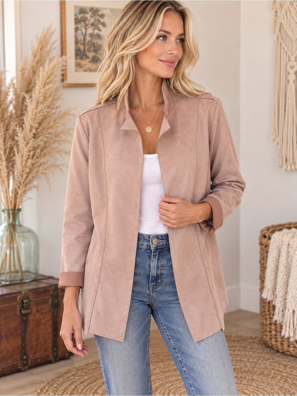 Joan Vass Open-Front Suede Feel Blazer in Tan